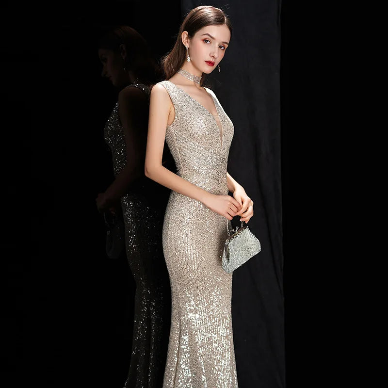 DEERVEADO Elegant V-Neck Sequin Evening Dress 2025 – Long Mermaid Formal Party Gown