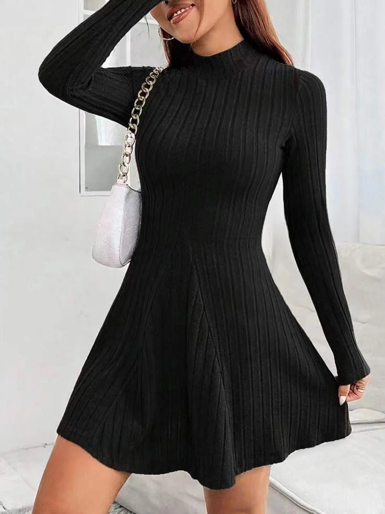 Slim Fit Stripe Dress – Elegant Half High Collar, Waist-Cinched A-Line Skirt