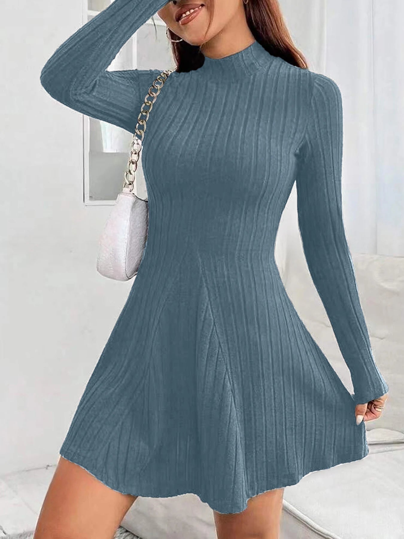 Slim Fit Stripe Dress – Elegant Half High Collar, Waist-Cinched A-Line Skirt
