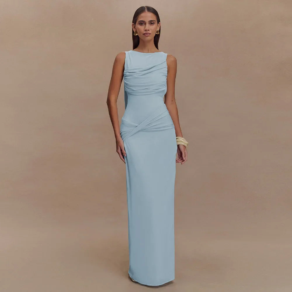 Sexy Sleeveless Pleated Bodycon Maxi Dress –