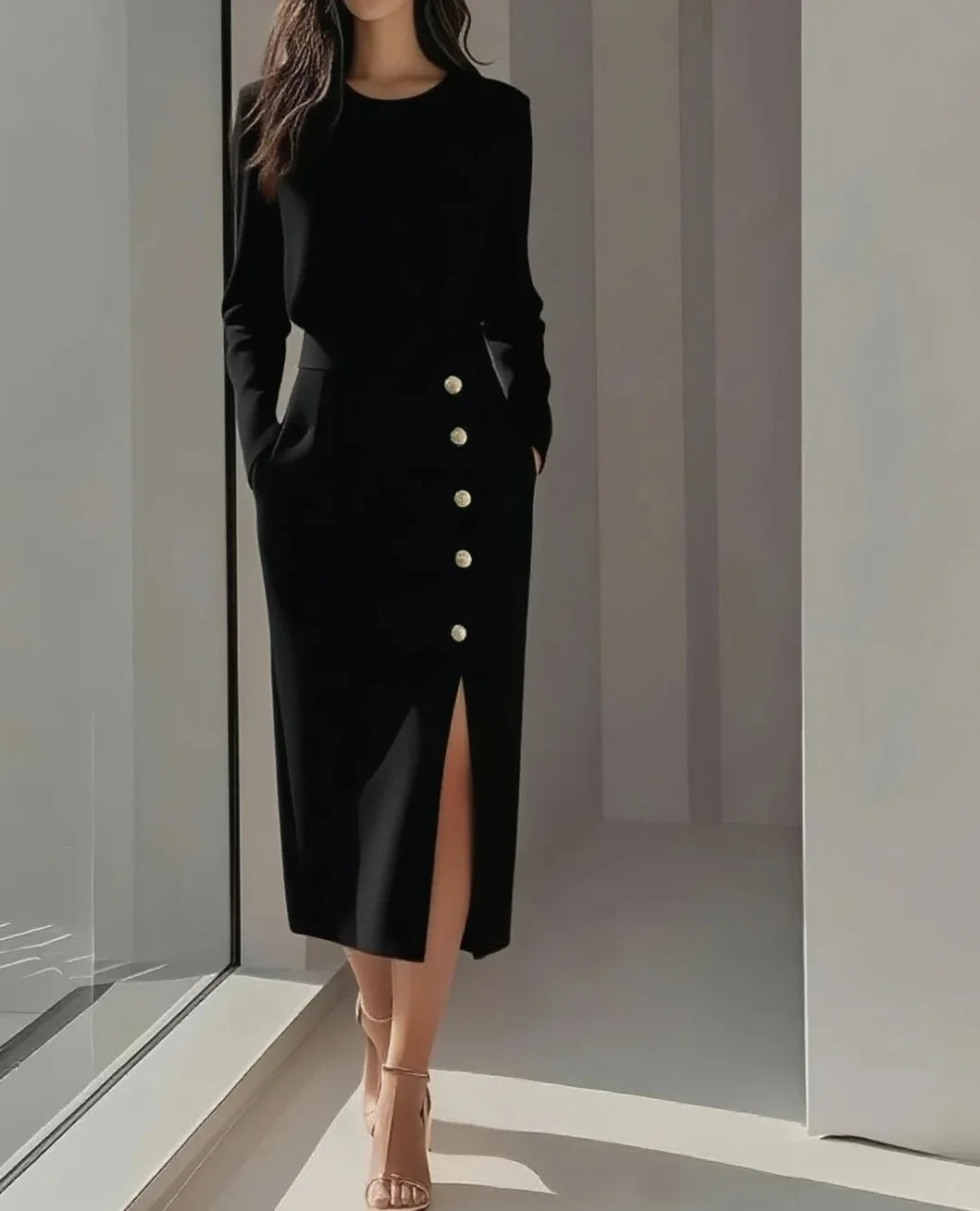 Fashion O-Neck Split Bodycon Dress for Women 2025 – Autumn Winter