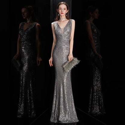 DEERVEADO Elegant V-Neck Sequin Evening Dress 2025 – Long Mermaid Formal Party Gown