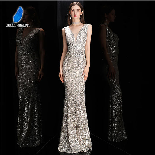 DEERVEADO Elegant V-Neck Sequin Evening Dress 2025 – Long Mermaid Formal Party Gown