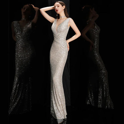 DEERVEADO Elegant V-Neck Sequin Evening Dress 2025 – Long Mermaid Formal Party Gown