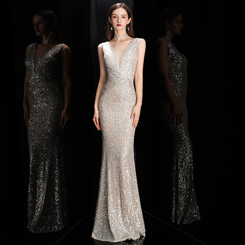 DEERVEADO Elegant V-Neck Sequin Evening Dress 2025 – Long Mermaid Formal Party Gown