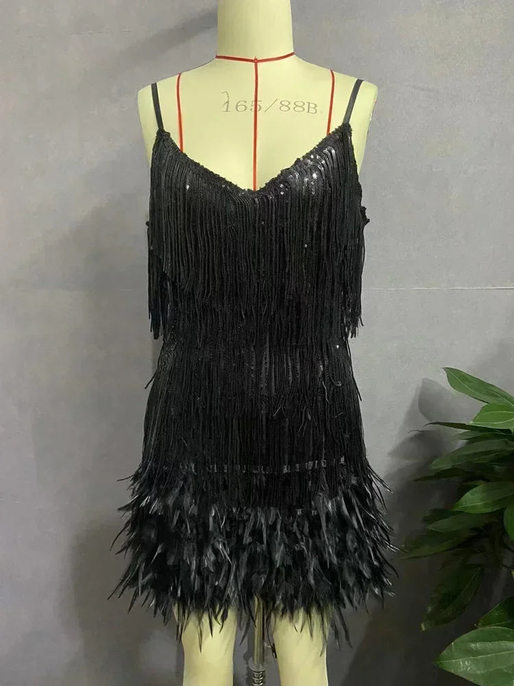 Tassel Sequin Mini Dress –Elegant Feather Spaghetti Strap