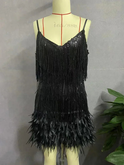 Tassel Sequin Mini Dress –Elegant Feather Spaghetti Strap