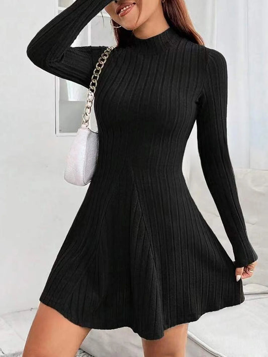 Slim Fit Stripe Dress – Elegant Half High Collar, Waist-Cinched A-Line Skirt