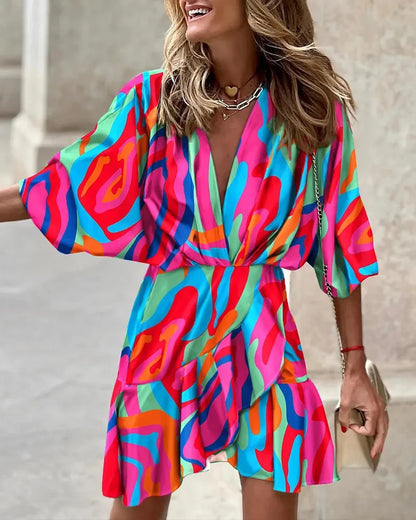 Summer Boho Mini Dress  – Printed Casual Vacation Sundress with Batwing Sleeves & Ruffle Hem