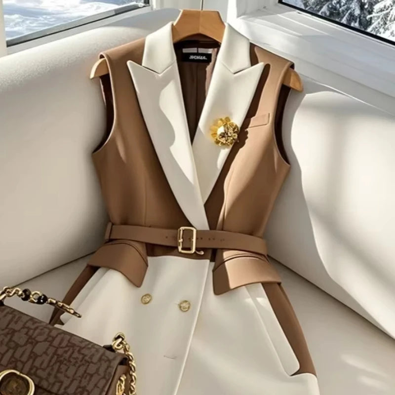 French Chic Women’s Sleeveless Blazer Vest – Coffee Belted Slim Fit Office Jacket