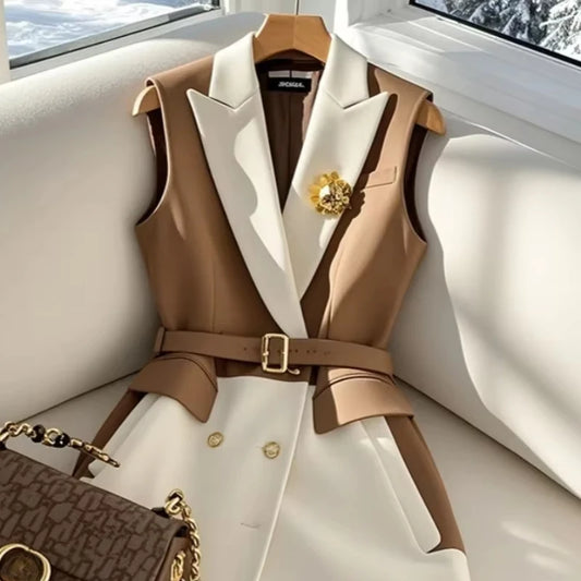 French Chic Women’s Sleeveless Blazer Vest – Coffee Belted Slim Fit Office Jacket
