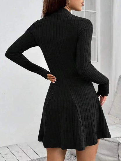 Slim Fit Stripe Dress – Elegant Half High Collar, Waist-Cinched A-Line Skirt