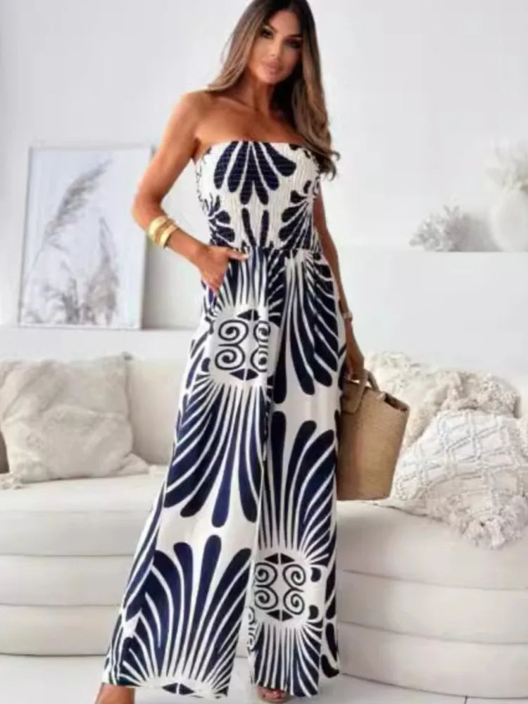 Elegant Off-Shoulder Printed Jumpsuit – Wide-Leg Romper with Waist Cinching Tie