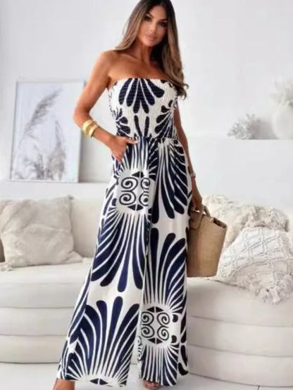 Elegant Off-Shoulder Printed Jumpsuit – Wide-Leg Romper with Waist Cinching Tie