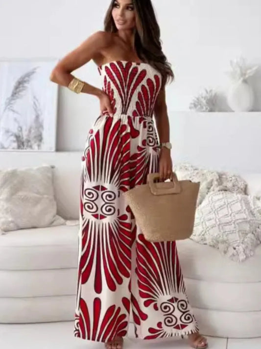 Elegant Off-Shoulder Printed Jumpsuit – Wide-Leg Romper with Waist Cinching Tie