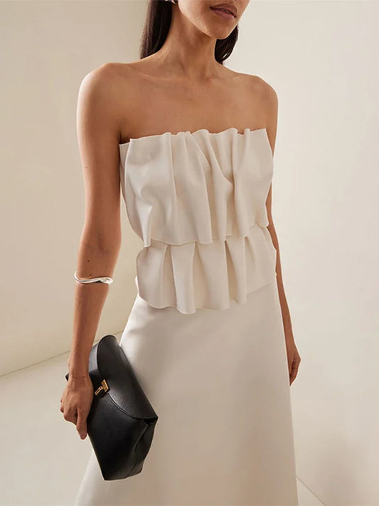 Elegant Pleated Sleeveless Maxi Dress for Women – 2025 Spring White Slim Tube Party Dress