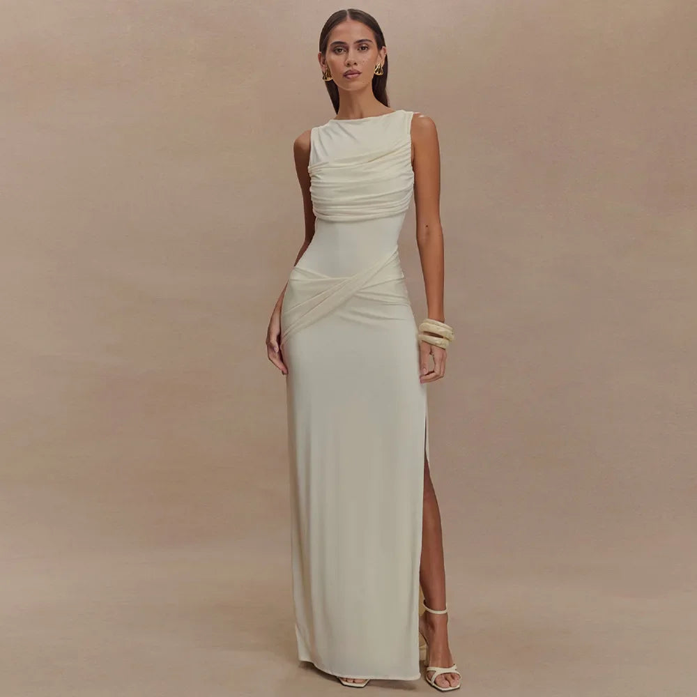 Sexy Sleeveless Pleated Bodycon Maxi Dress –