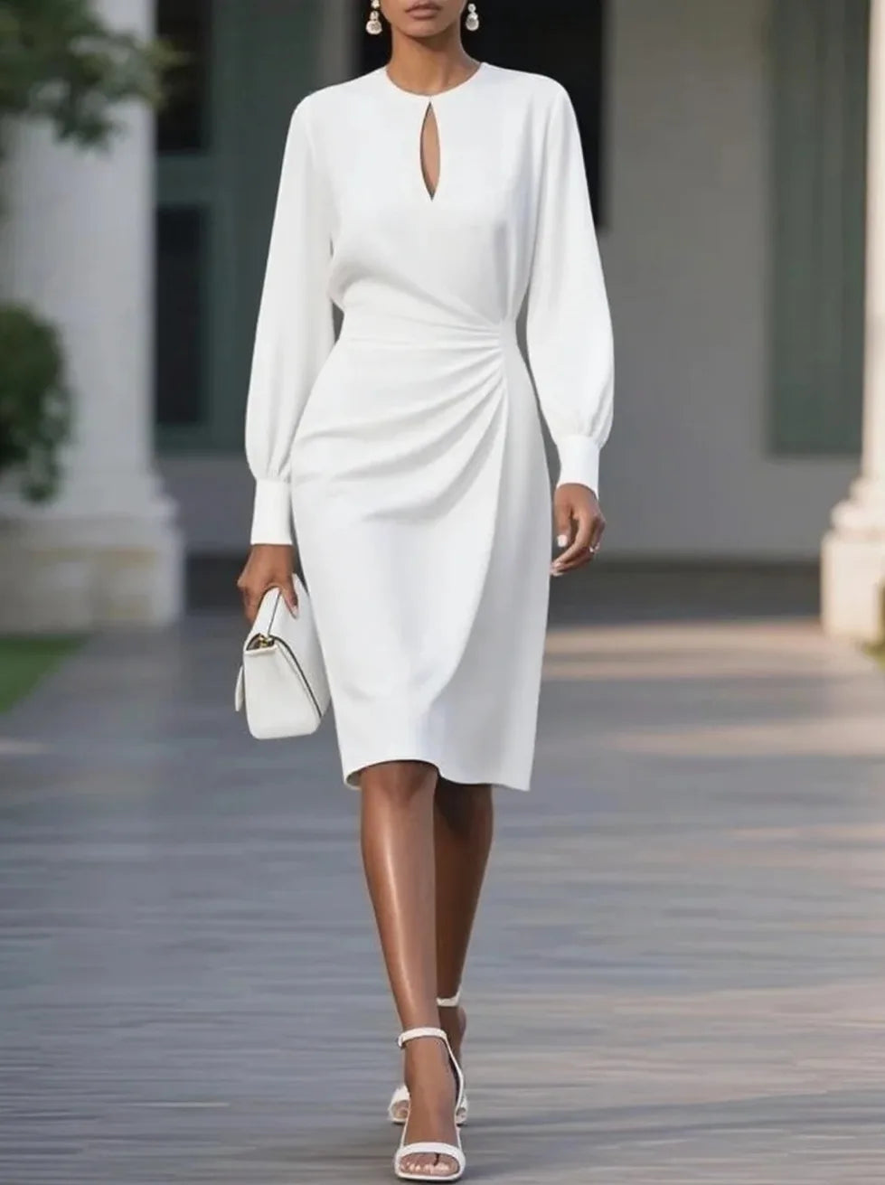 Elegant Long Sleeve Midi Dress for Women 2025 – Autumn Winter O-Neck Hollow Out Bodycon Party Dress