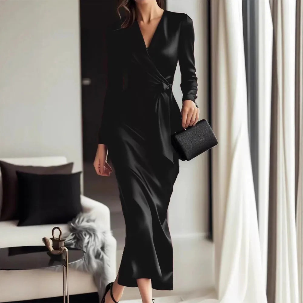 Velvety Satin Cross-Wrap Pencil Dress
