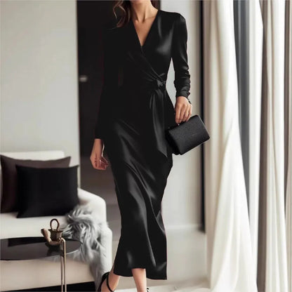 Velvety Satin Cross-Wrap Pencil Dress