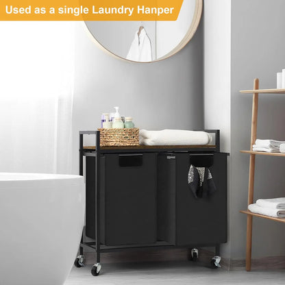 2 Section Laundry Hamper with Shelf and Wheels