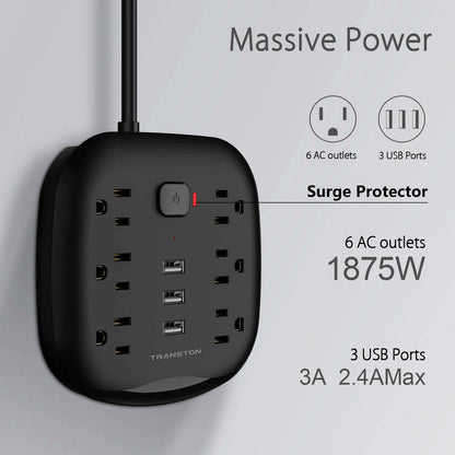 US Power Strip Surge Protector 6 Outlet 3 USB with Switch Control & Flat Plug Fireproof Heavy Duty Extension Cord Compact
