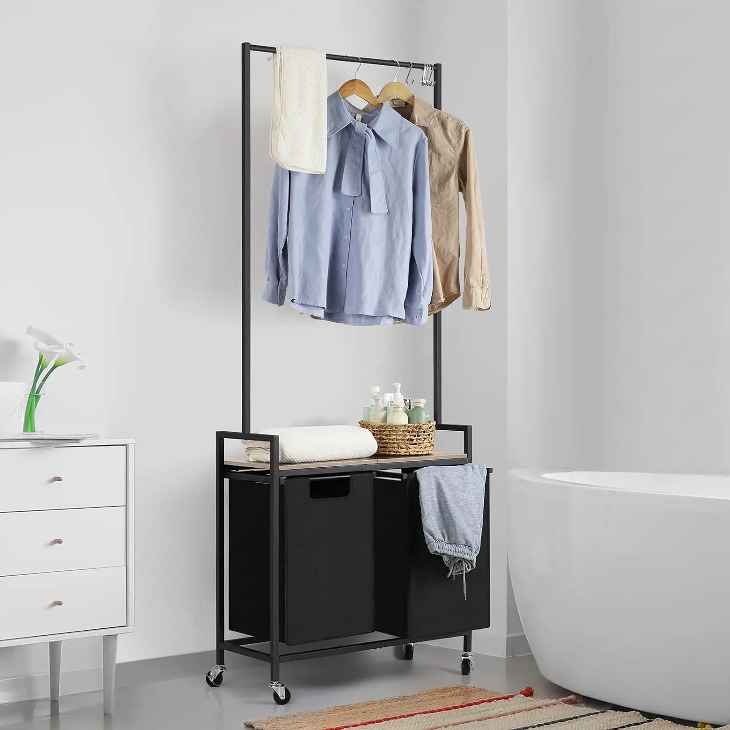 2 Section Laundry Hamper with Shelf and Wheels – Campus Crate