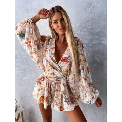 Tropical Vibe Women’s Jumpsuit Set – Casual Printed Belted Long Sleeve Outfit