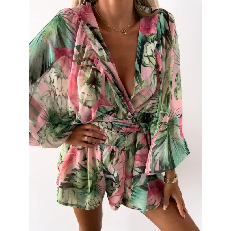 Tropical Vibe Women’s Jumpsuit Set – Casual Printed Belted Long Sleeve Outfit