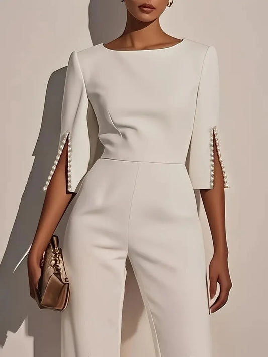 Elegant Beaded Jumpsuit – Casual Solid Color 3/4 Sleeve High Waist