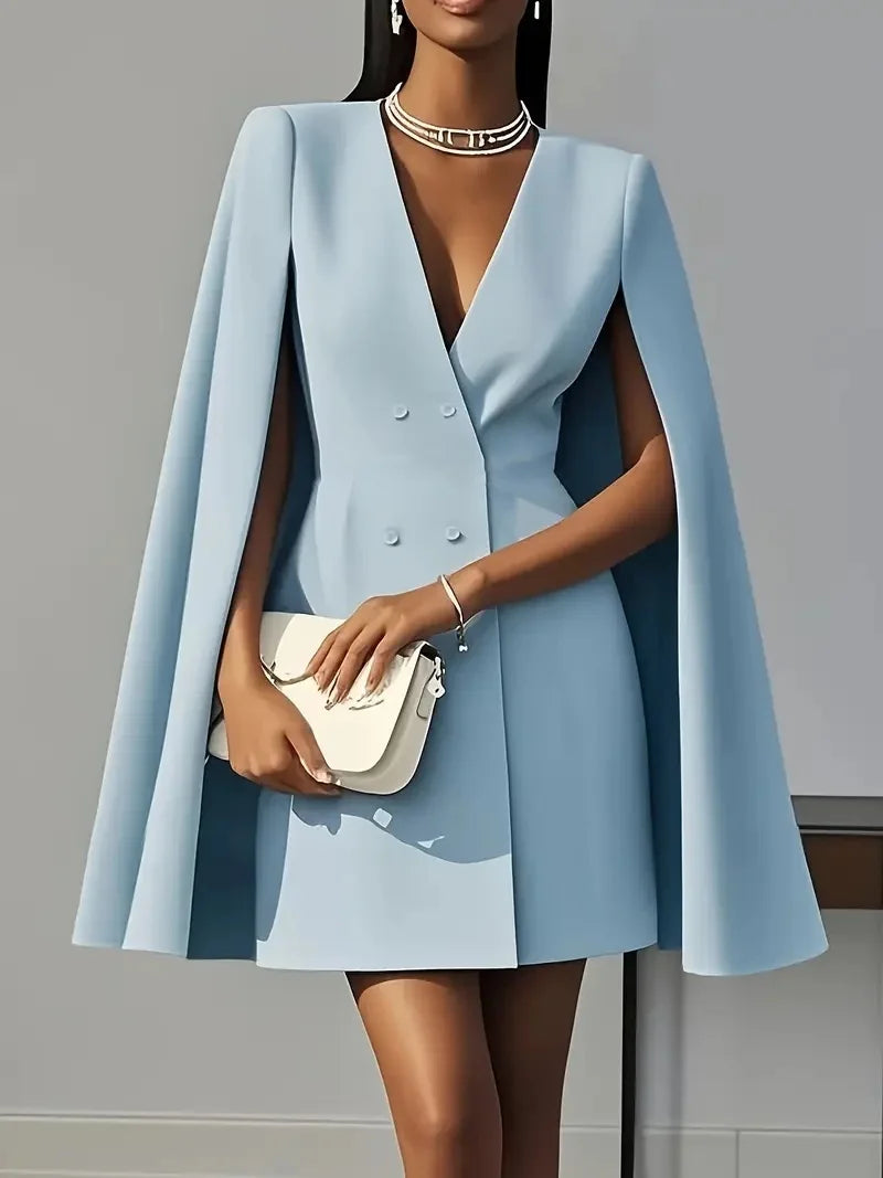 Women’s Elegant Blazer Midi Dress – Double Breasted V-Neck Cape Sleeve Office & Party Style