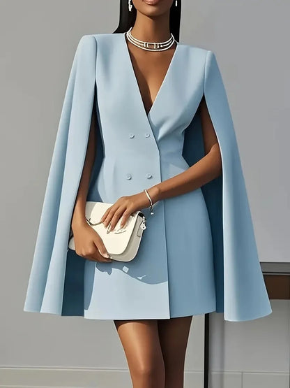 Women’s Elegant Blazer Midi Dress – Double Breasted V-Neck Cape Sleeve Office & Party Style