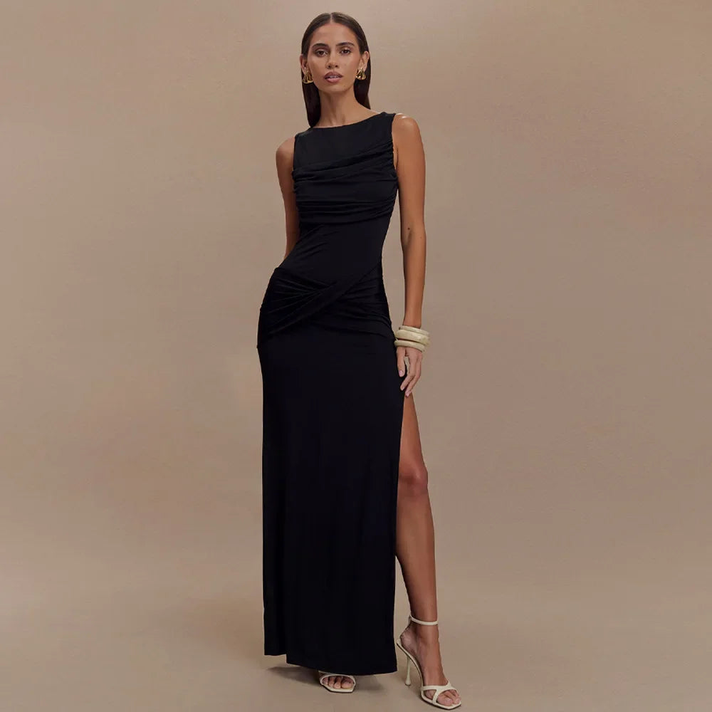 Sexy Sleeveless Pleated Bodycon Maxi Dress –