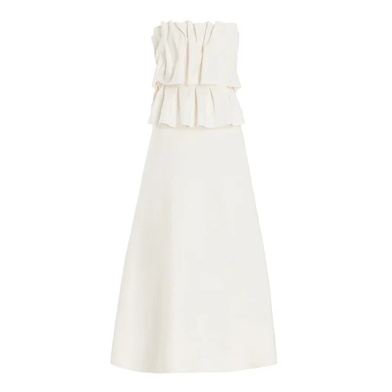 Elegant Pleated Sleeveless Maxi Dress for Women – 2025 Spring White Slim Tube Party Dress