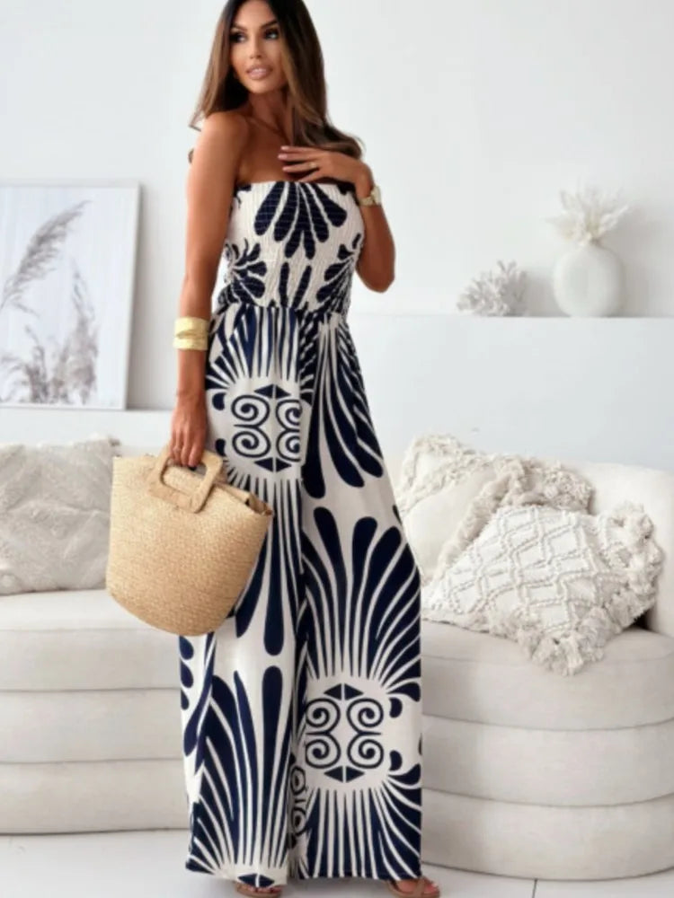 Elegant Off-Shoulder Printed Jumpsuit – Wide-Leg Romper with Waist Cinching Tie