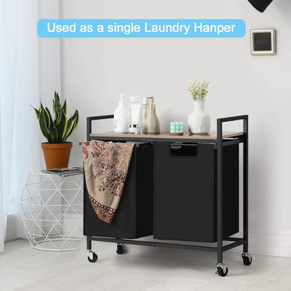 2 Section Laundry Hamper with Shelf and Wheels