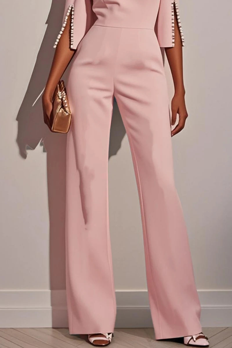 Elegant Beaded Jumpsuit – Casual Solid Color 3/4 Sleeve High Waist