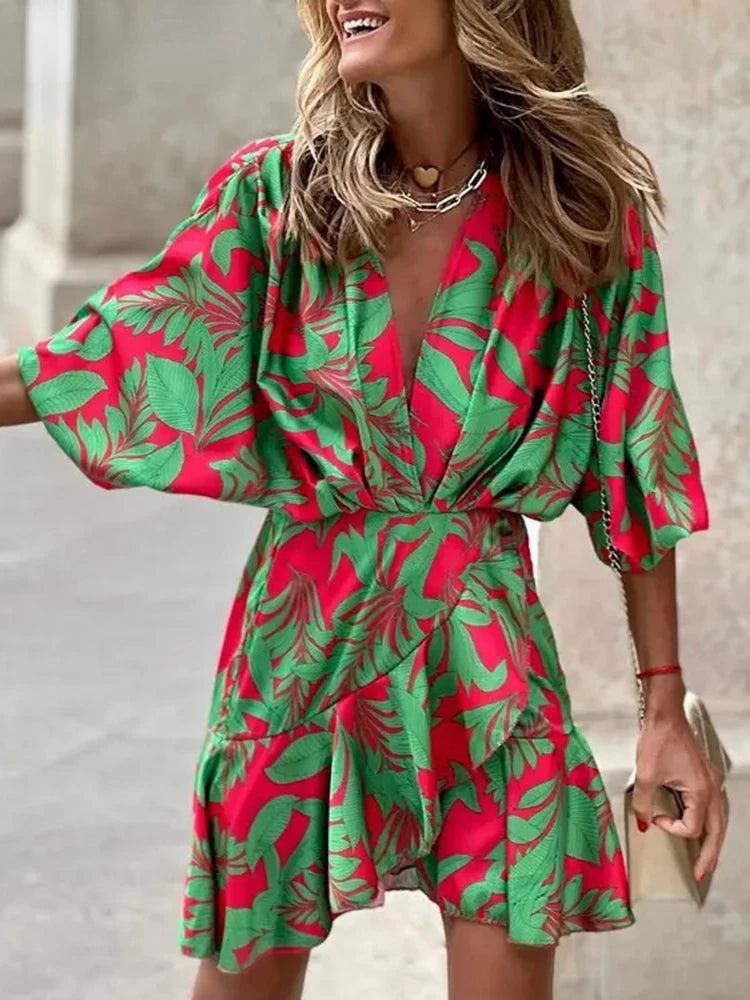 Summer Boho Mini Dress  – Printed Casual Vacation Sundress with Batwing Sleeves & Ruffle Hem