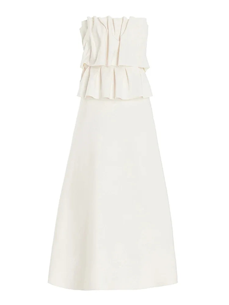 Elegant Pleated Sleeveless Maxi Dress for Women – 2025 Spring White Slim Tube Party Dress