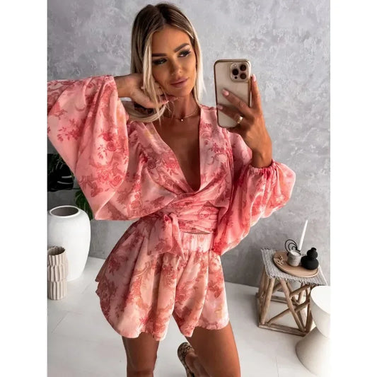 Tropical Vibe Women’s Jumpsuit Set – Casual Printed Belted Long Sleeve Outfit