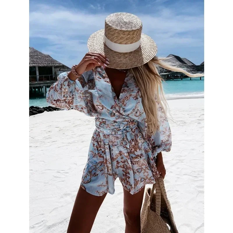 Tropical Vibe Women’s Jumpsuit Set – Casual Printed Belted Long Sleeve Outfit