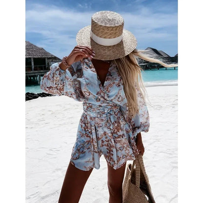 Tropical Vibe Women’s Jumpsuit Set – Casual Printed Belted Long Sleeve Outfit