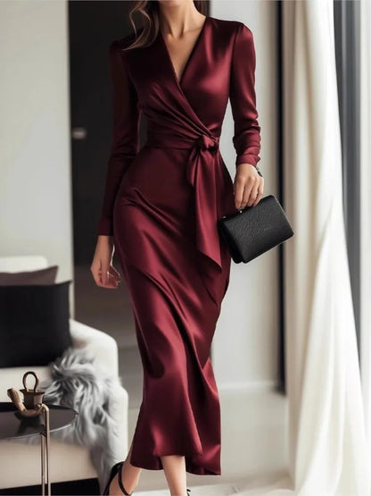 Velvety Satin Cross-Wrap Pencil Dress