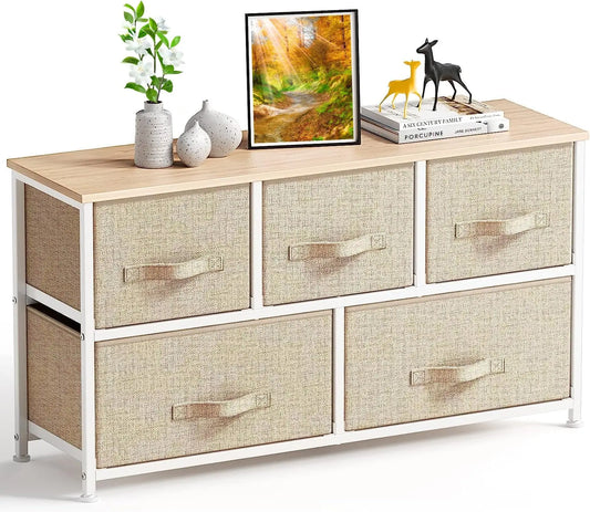 Stylish Fabric Dresser with 5 Drawers, Wood Top and Easy Pull Handles