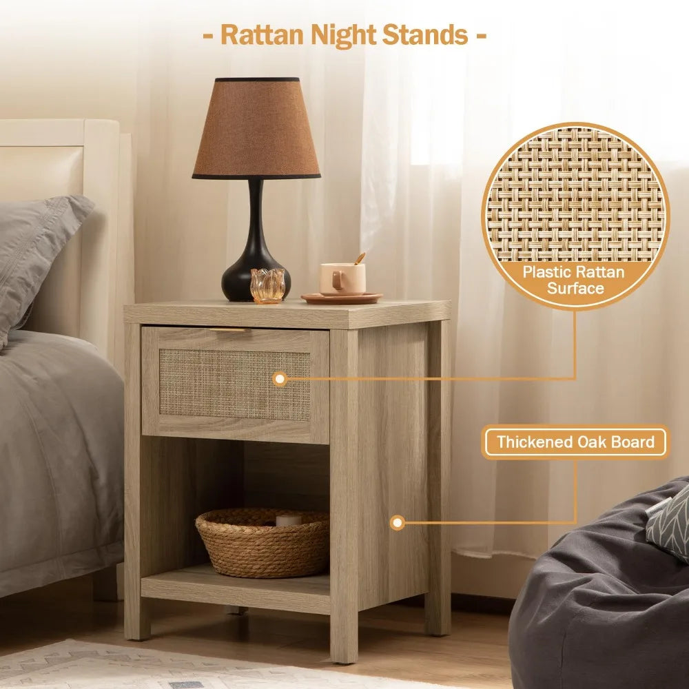 Farmhouse Rattan Nightstand Pair