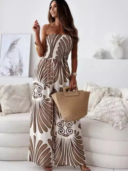 Elegant Off-Shoulder Printed Jumpsuit – Wide-Leg Romper with Waist Cinching Tie