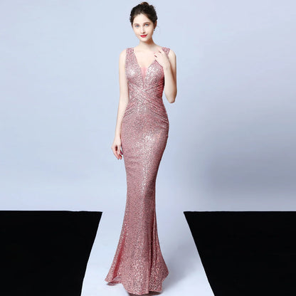 DEERVEADO Elegant V-Neck Sequin Evening Dress 2025 – Long Mermaid Formal Party Gown