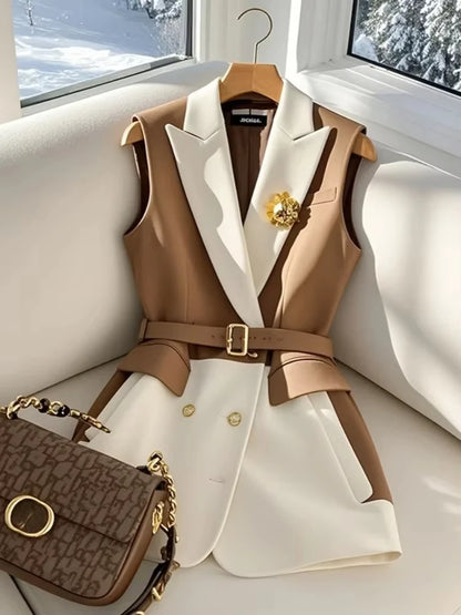 French Chic Women’s Sleeveless Blazer Vest – Coffee Belted Slim Fit Office Jacket