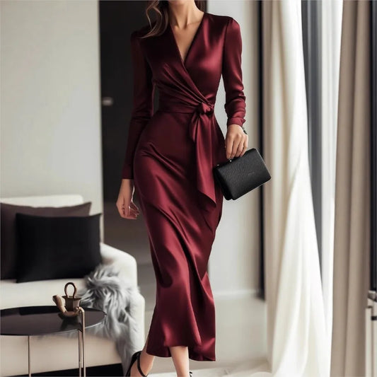 Velvety Satin Cross-Wrap Pencil Dress