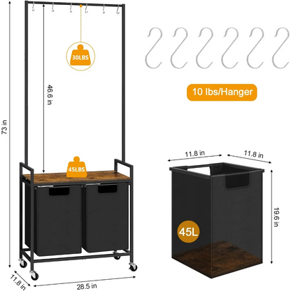 2 Section Laundry Hamper with Shelf and Wheels